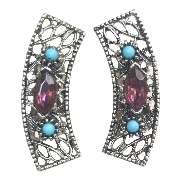 VTG Faux Amethyst & Turquoise Silvertone Clip On Earrings - Picture 1 of 2
